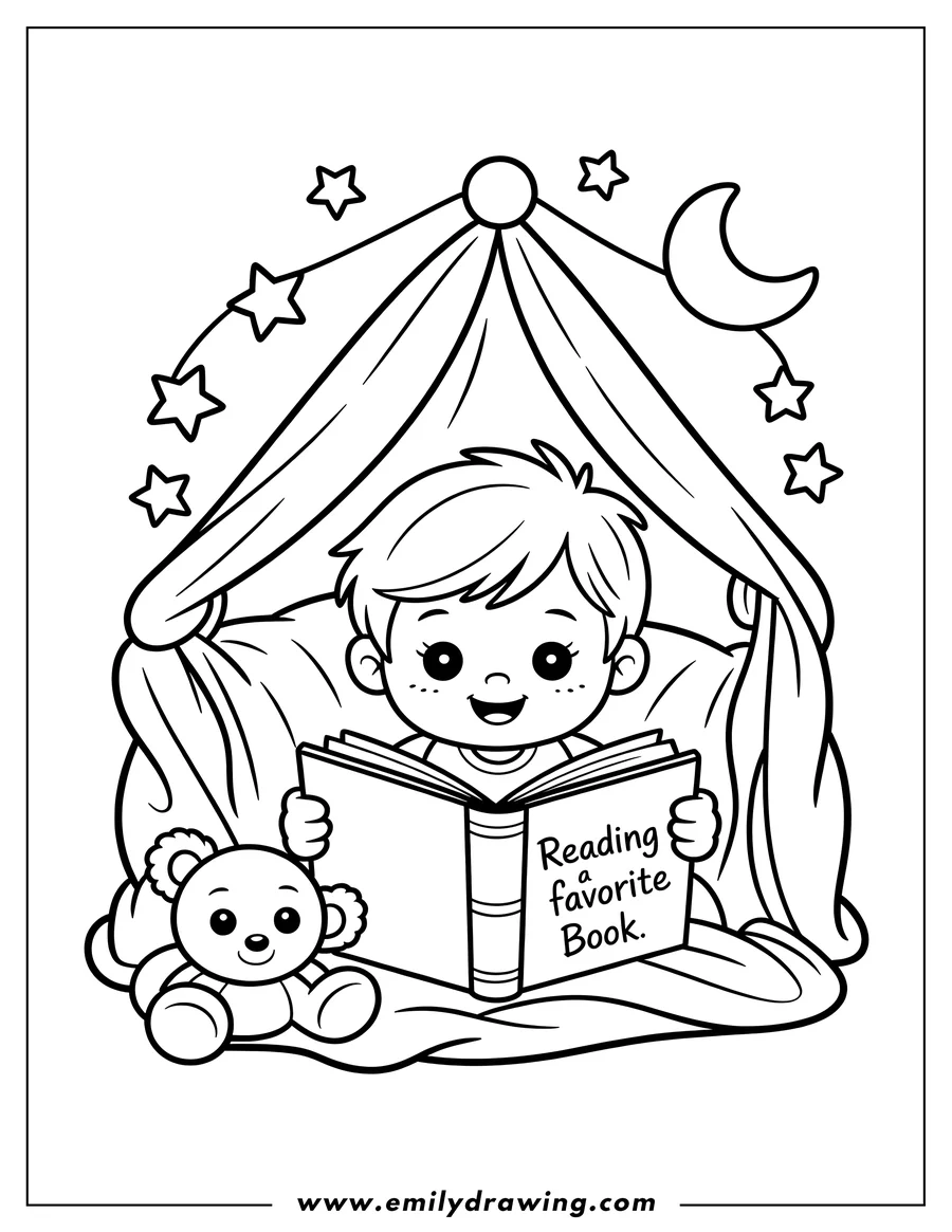 Outline of a boy reading a book inside a blanket fort with his teddy bear, under a starry night sky with a crescent moon.