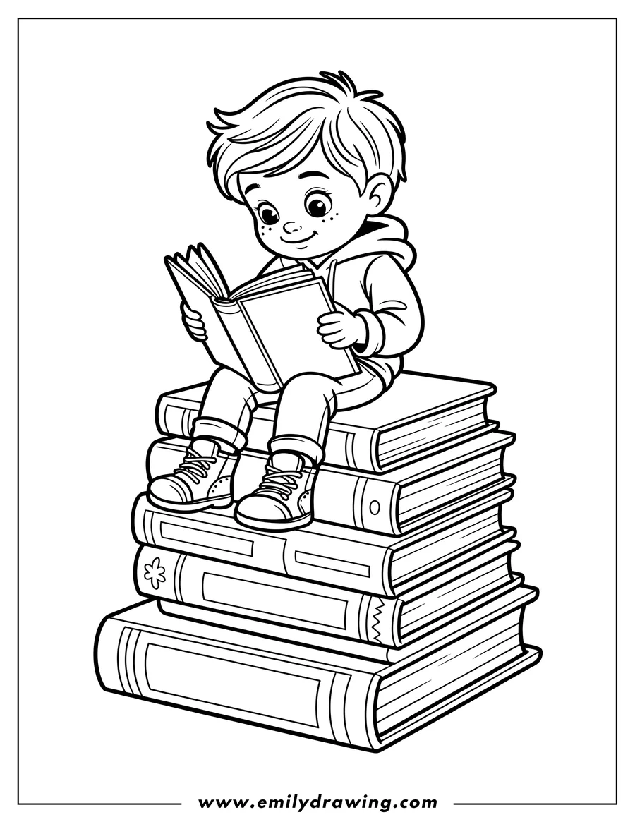 Outline of a young boy sitting on a stack of books and reading