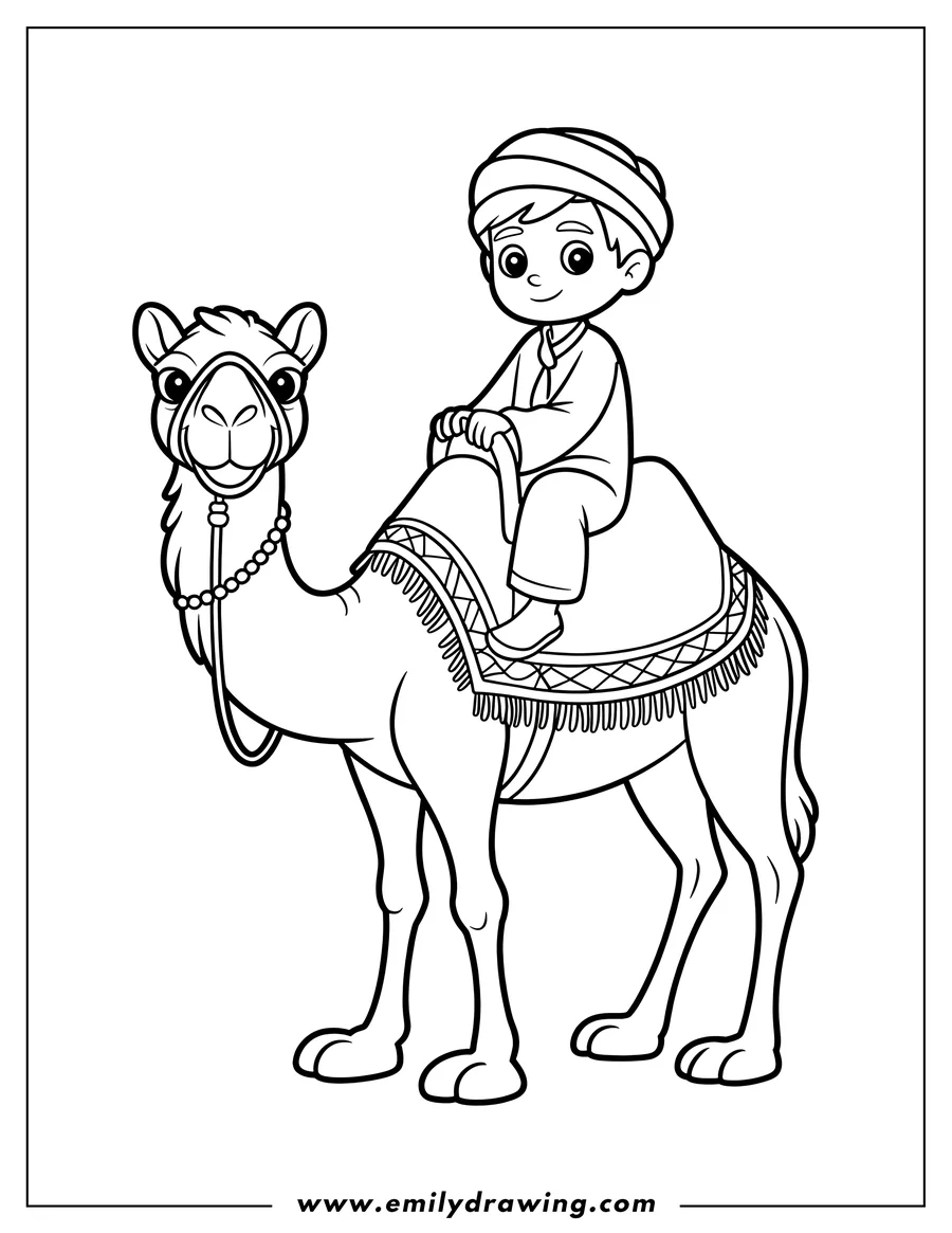 Outline of a boy riding a camel. The camel has a decorative blanket and reins. The boy wears traditional clothing.