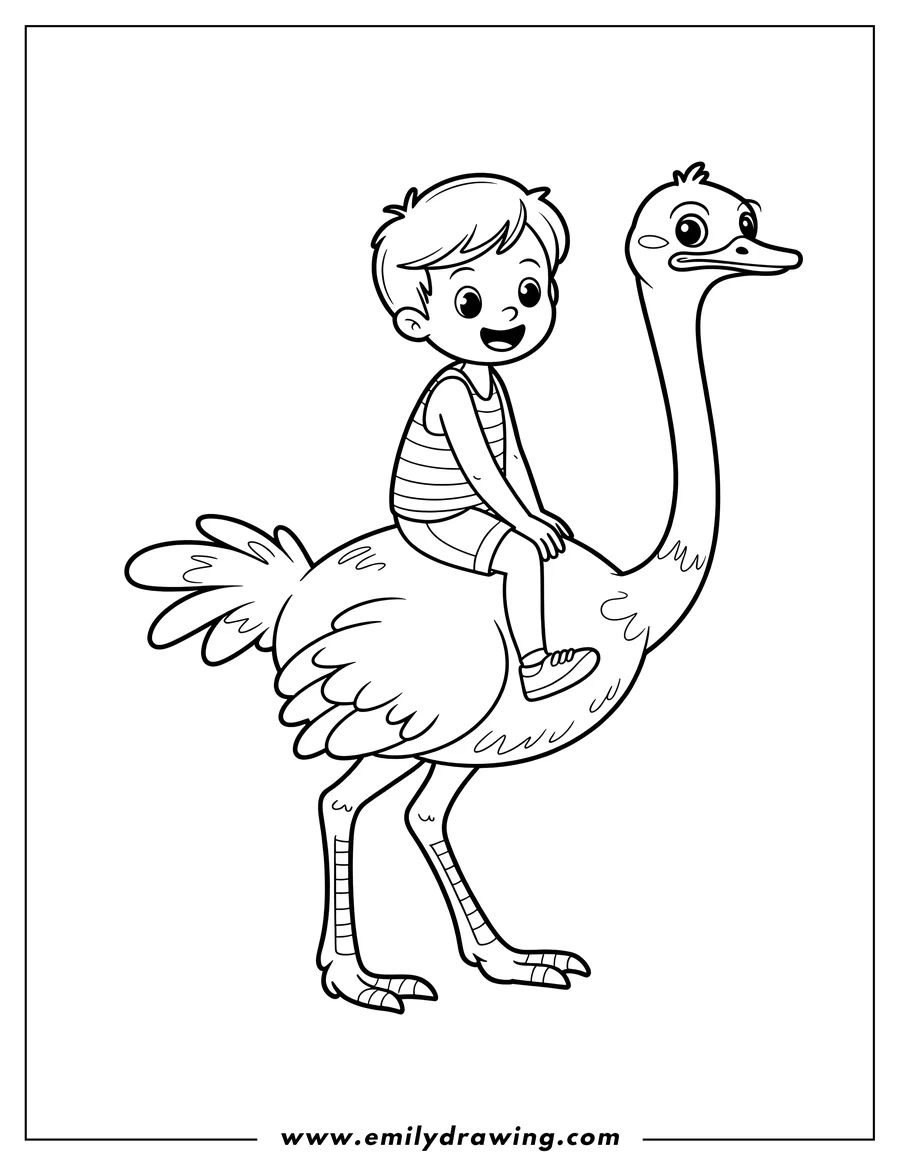 Outline of a young boy riding on the back of a large ostrich.