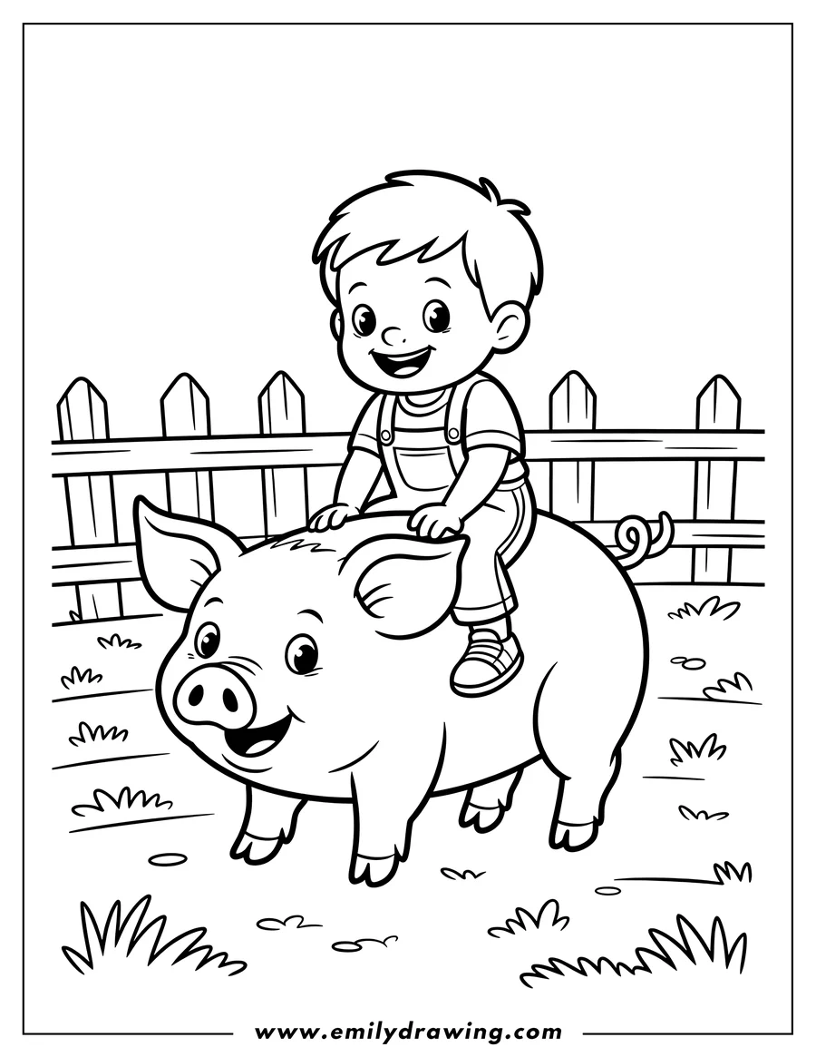 Line art of a young boy riding a pig near a fence. The boy is smiling and wearing overalls. The pig is also smiling.