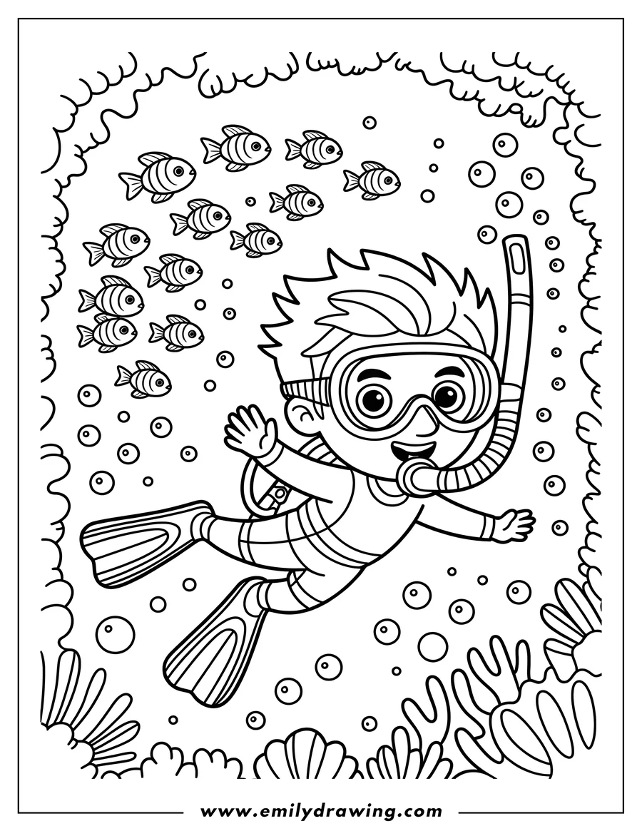 Line art of a boy scuba diving underwater, surrounded by fish and coral. He wears a mask, snorkel, and flippers.