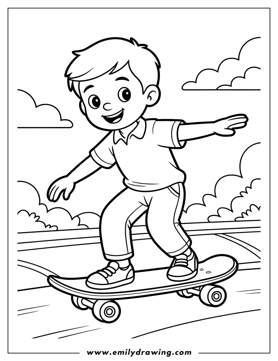 Outline of a boy skateboarding in the park. He is smiling and looks like he is having fun.
