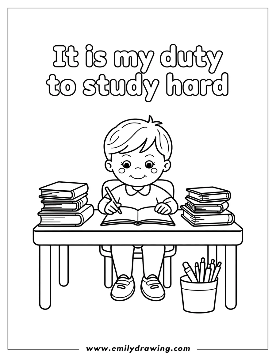 Outline of a young boy sitting at a desk studying, with stacks of books on either side and a container of pencils.