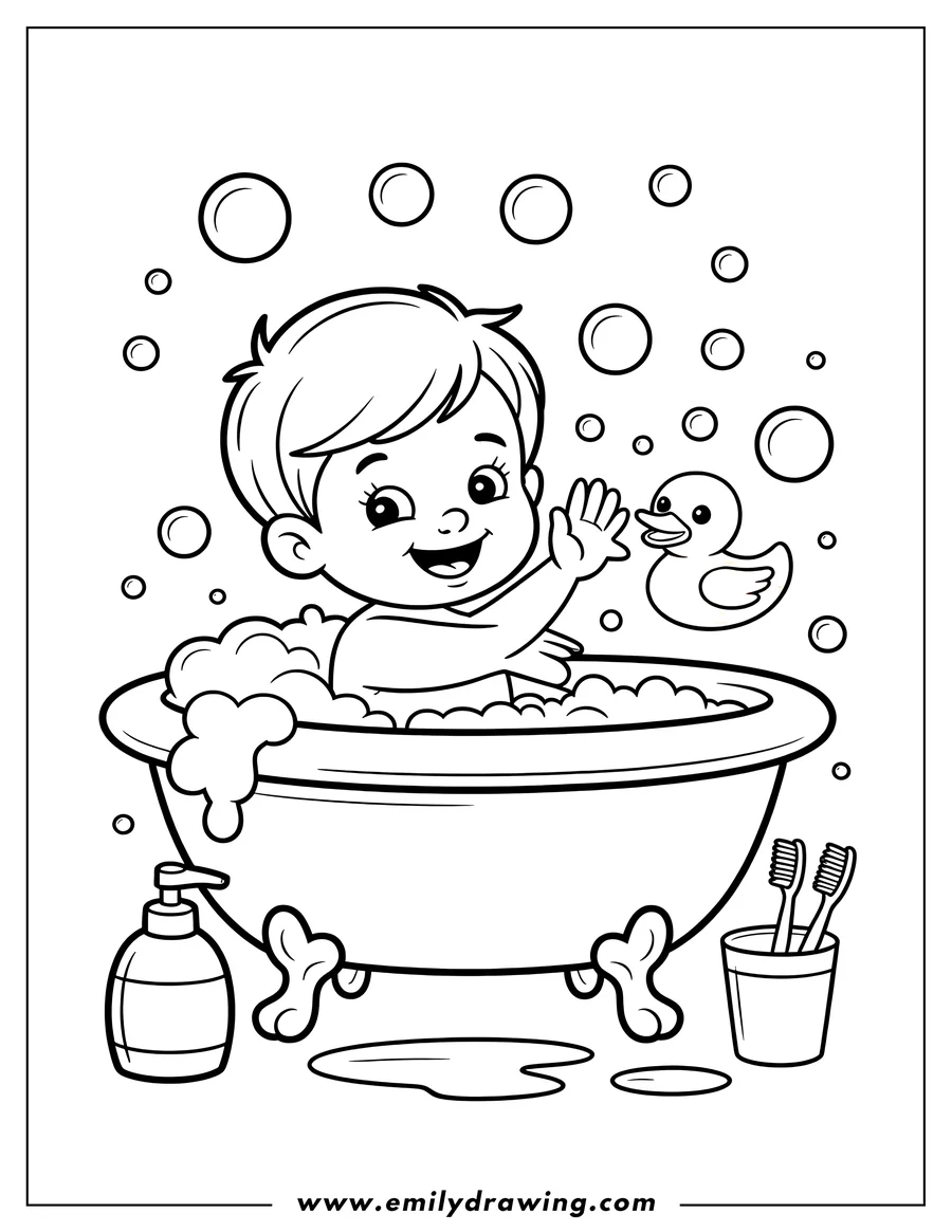 Outline of a young boy taking a bath with a rubber duck, surrounded by bubbles. Soap, toothbrushes in a cup, and spilled water are also depicted.
