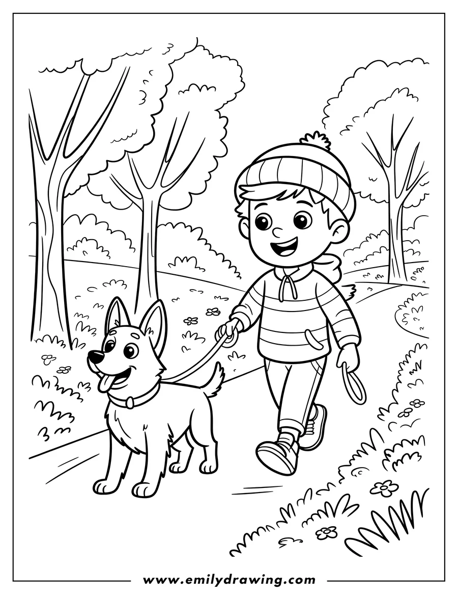 Line art of a boy walking his dog in the park. The boy wears a striped sweater and winter hat, while the dog has a collar and leash.