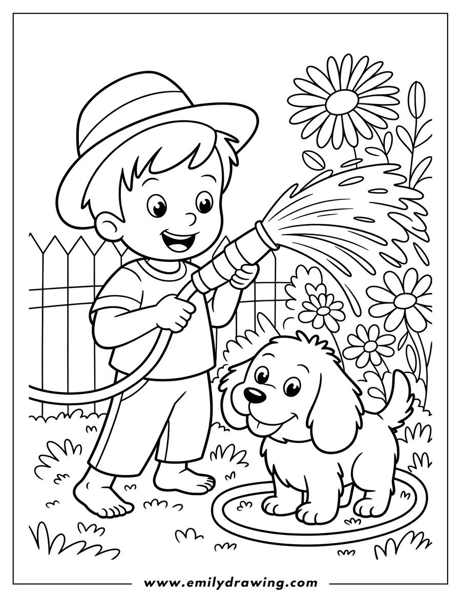 Line art of a boy with a sun hat, watering a fluffy dog with a garden hose near a fence and flowers.