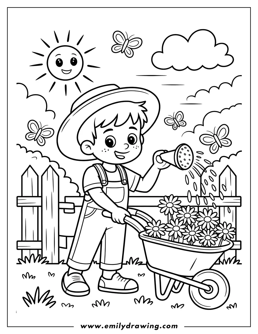 Line art of a young boy in overalls and a hat, watering flowers in a wheelbarrow with a watering can. Butterflies and a smiling sun are in the background near a wooden fence.