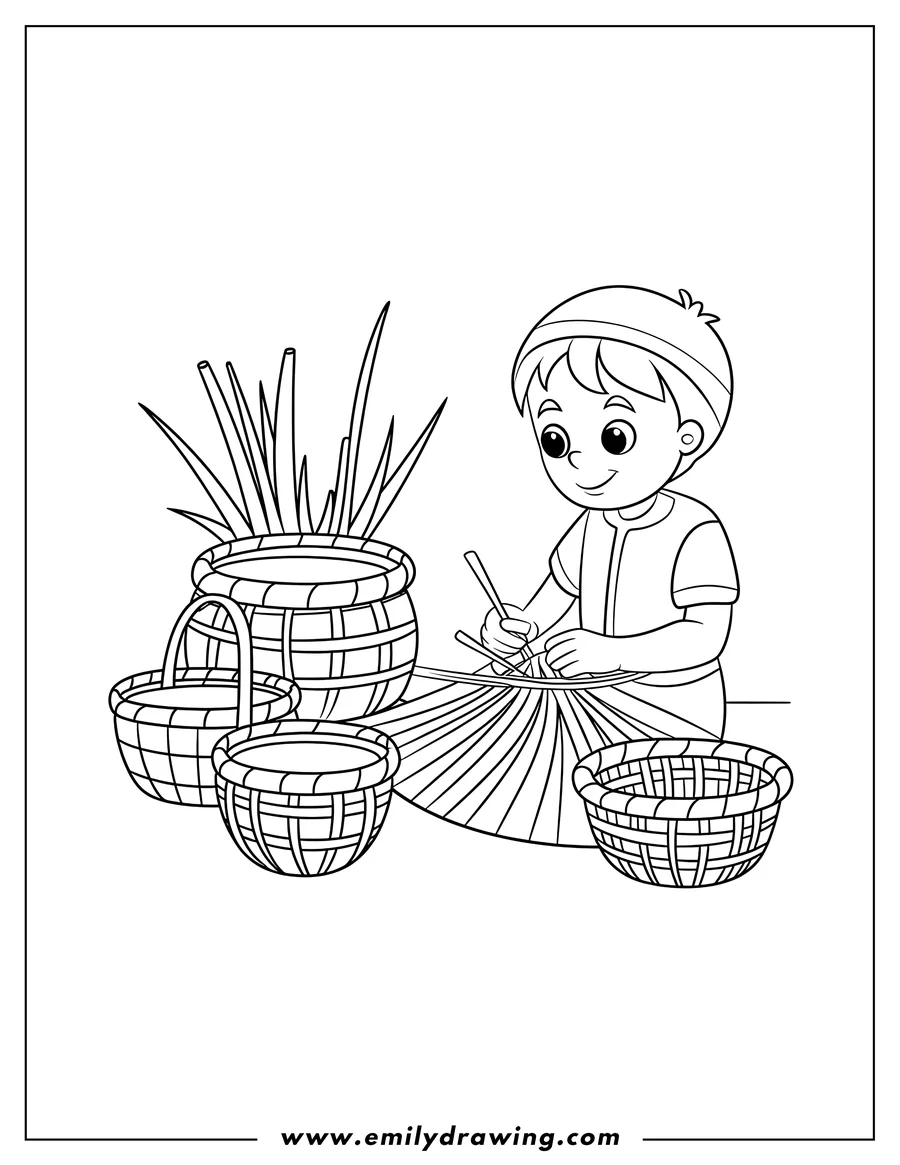Line art of a boy weaving a basket.  Several completed baskets are beside him.