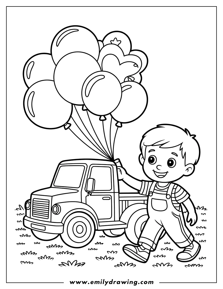 Outline of a young boy in overalls walking next to a truck while holding a bunch of colorful balloons.