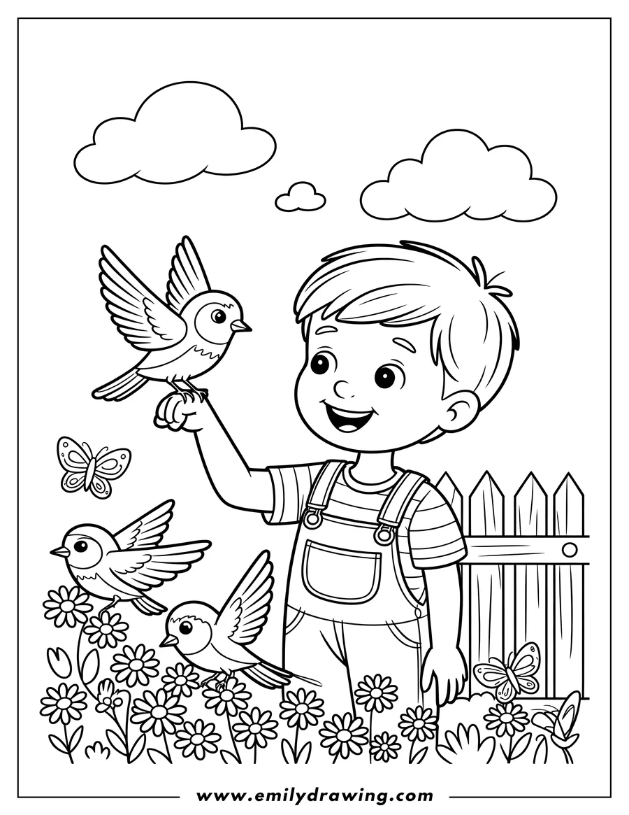 Line art of a young boy with birds perched on his hand and flying around him in a garden with flowers and butterflies near a wooden fence.