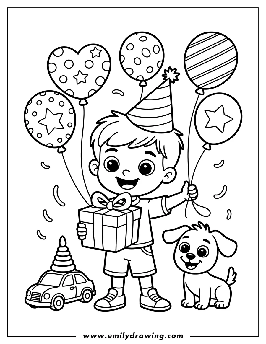 Line art of a boy wearing a party hat, holding balloons and a birthday present, with a puppy and toys nearby.