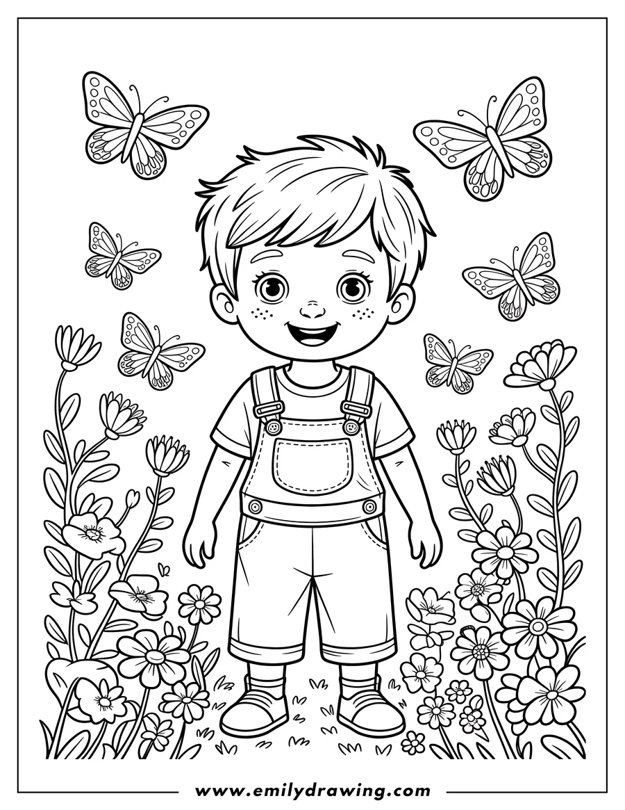 Line art of a young boy in overalls, surrounded by butterflies and flowers. He is smiling happily.