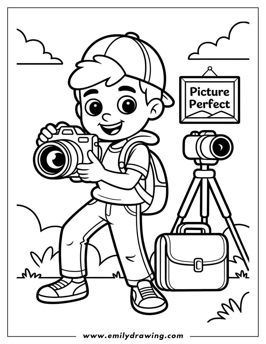 Line art of a boy holding a camera, with a camera bag and a larger camera on a tripod beside him.