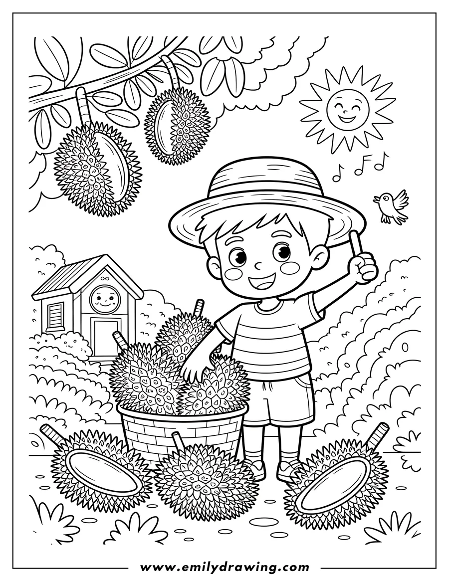 Line art of a smiling boy with a basket of durians.  A bird sings nearby, and a whimsical house is in the background.