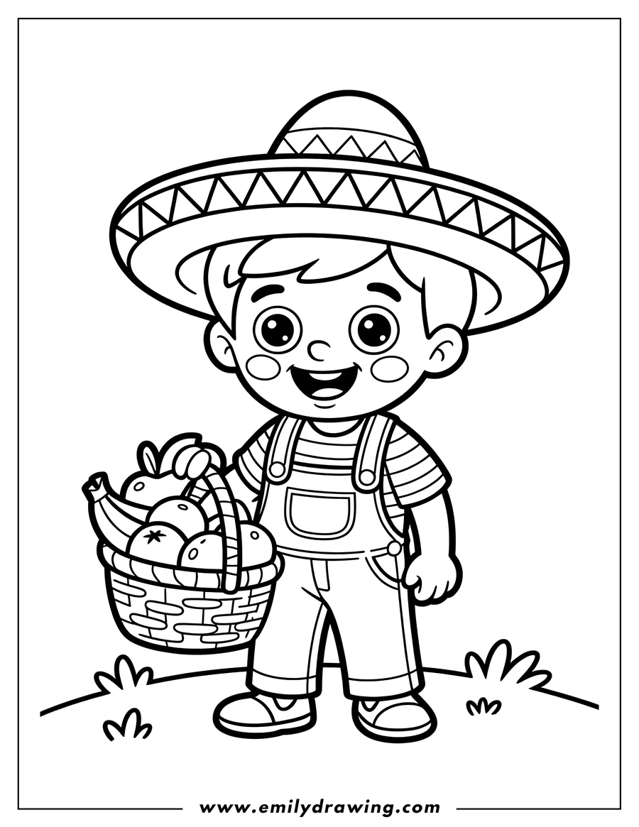 Line art of a cheerful boy wearing a sombrero and overalls, holding a basket filled with bananas, apples, and oranges.