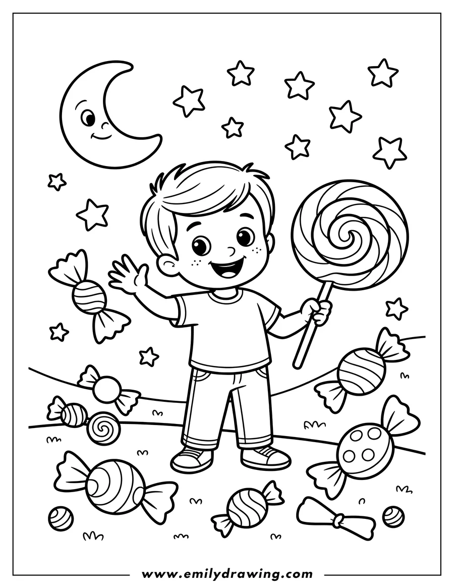 Line art of a cheerful boy holding a large swirly lollipop, surrounded by various wrapped candies under a smiling crescent moon and stars.