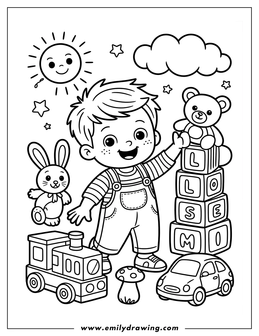 Line art of a boy playing with various toys, including a teddy bear on alphabet blocks, a toy train, a toy car, and a stuffed rabbit.