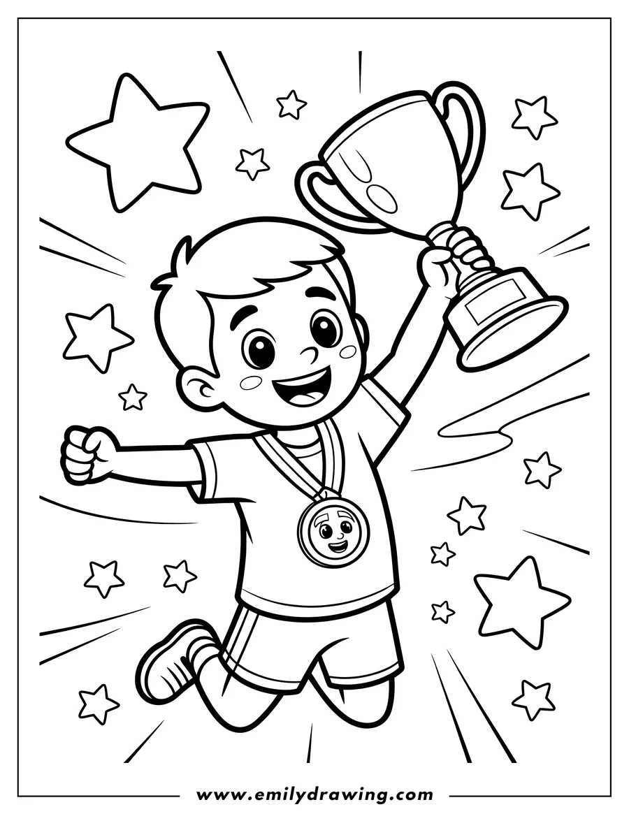 Line art of a boy holding a trophy and wearing a medal, jumping with excitement.