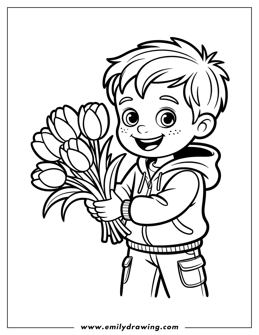 Line art of a smiling boy holding a bouquet of tulips.