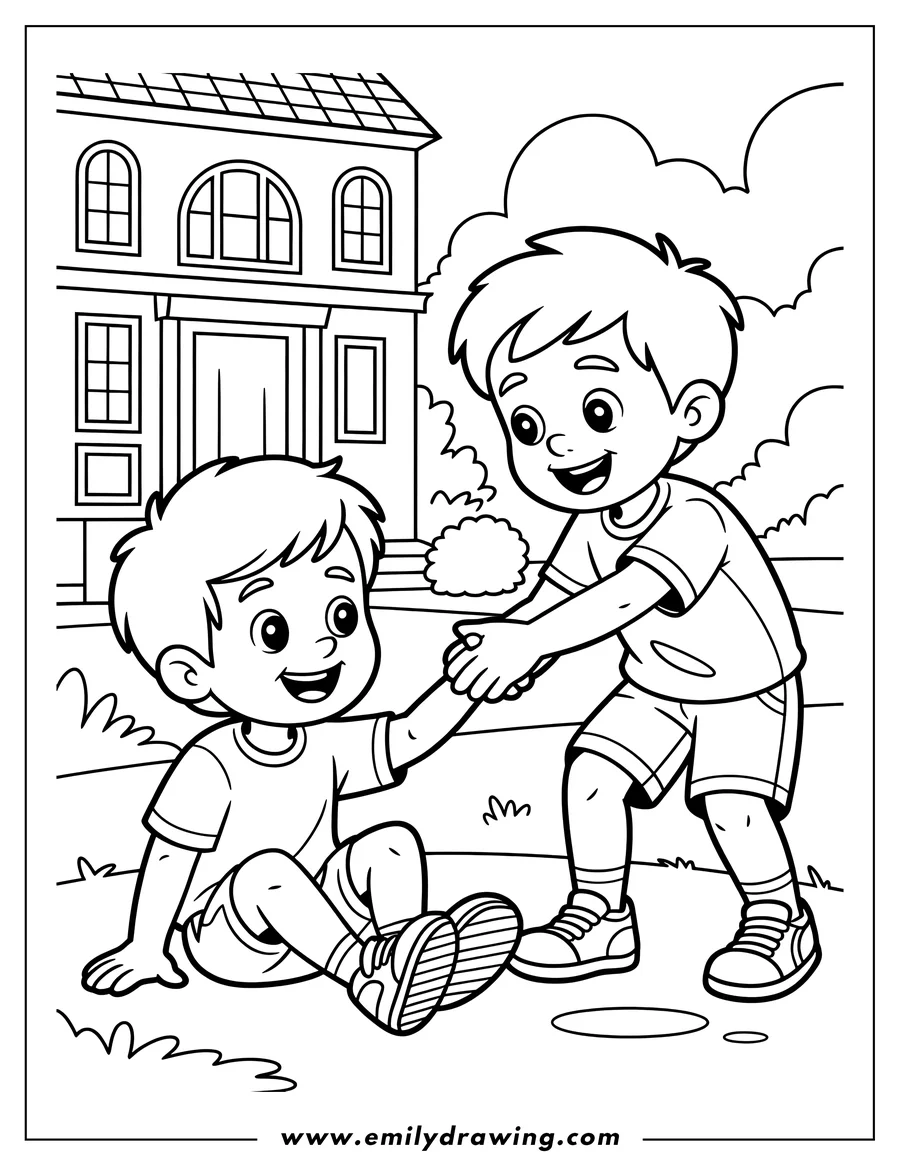 Line art of two boys, one helping the other up from the ground near a house.