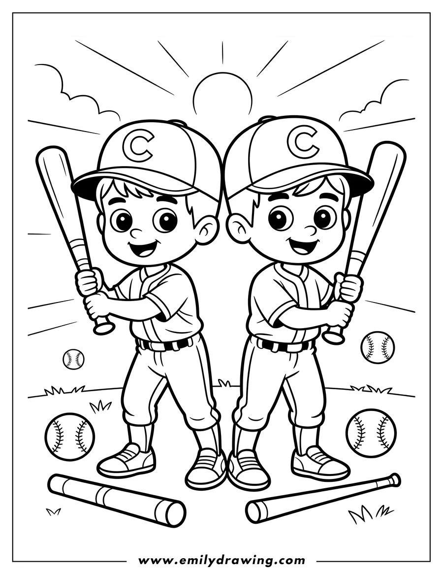 Two boys in baseball caps and uniforms holding bats, ready to play baseball. Baseballs and extra bats are scattered on the ground around them.