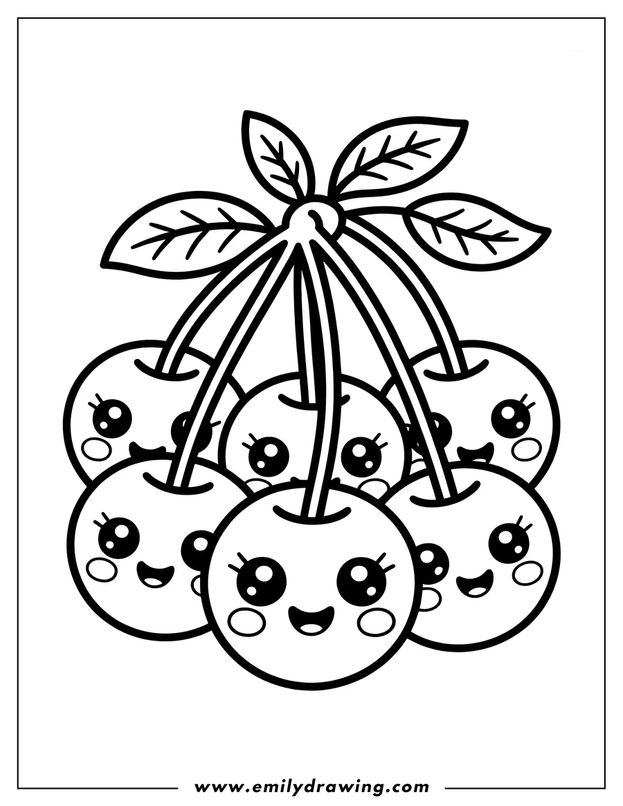Outline of a bunch of happy cherries with leaves and stems.