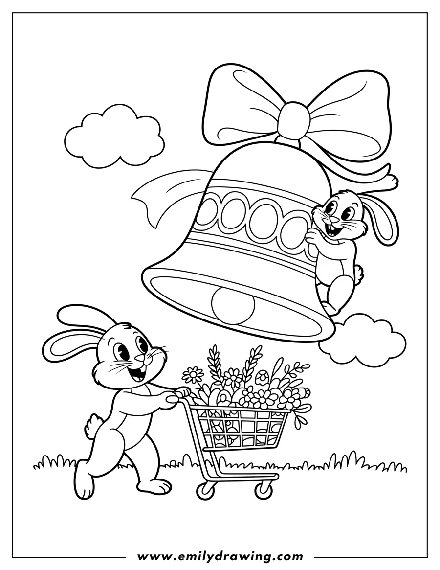 Two bunnies and a large bell. One bunny pushes a shopping cart full of flowers, the other hangs on the bell tied with a bow.