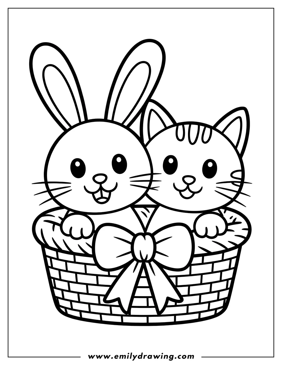 Outline of a bunny and kitten sitting together in a basket with a bow.