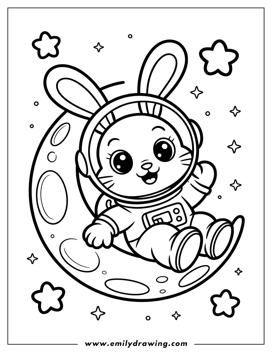 Outline of a bunny astronaut sitting on the crescent moon, surrounded by stars. The bunny wears a spacesuit and has large, expressive eyes.