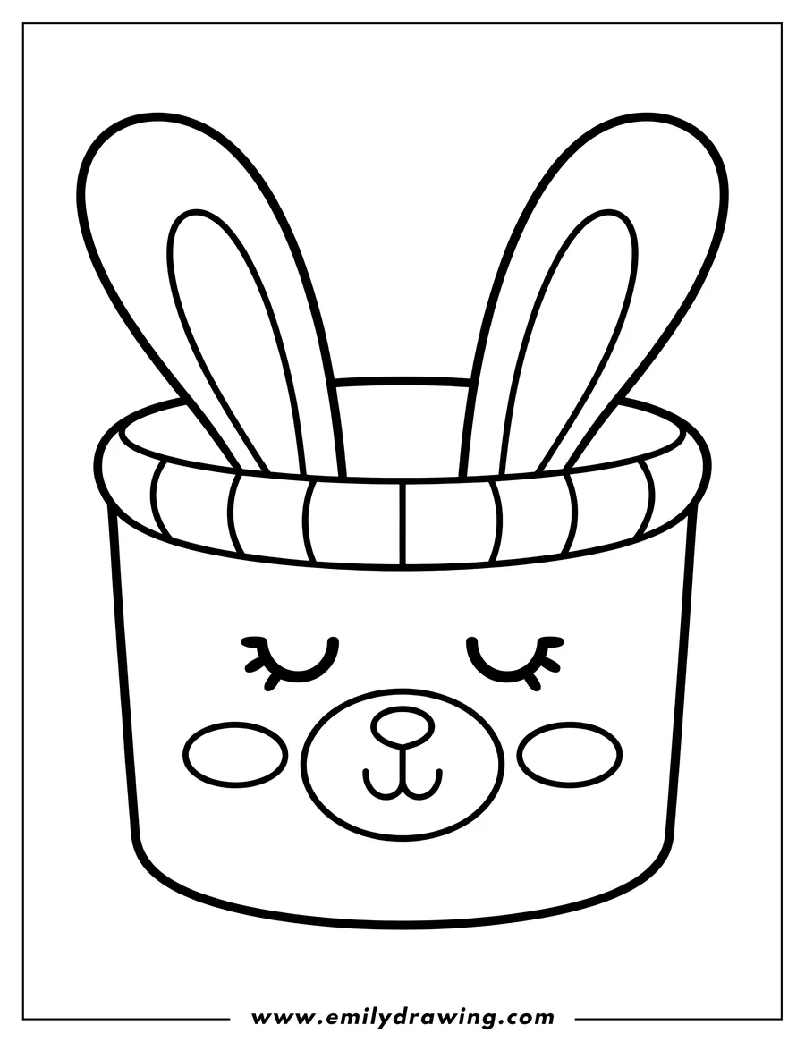 Line art of a cute basket with bunny ears and a sweet face.