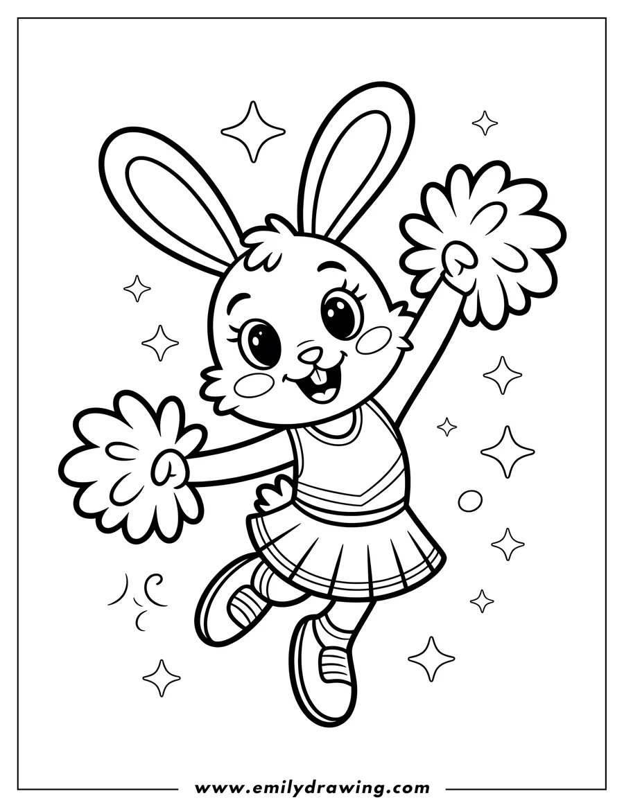 Line art of a bunny dressed as a cheerleader, holding pom-poms and jumping in the air with excitement.