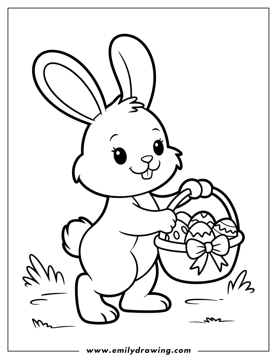 Line art of a bunny holding an Easter basket filled with decorated eggs. The basket has a bow tied around it.