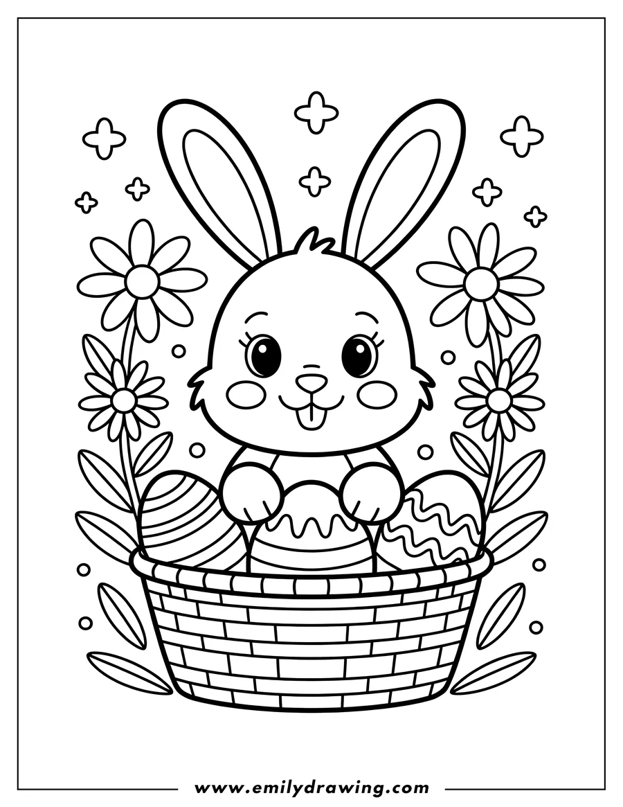 Line art of a bunny sitting in a basket with decorated Easter eggs. Daisies and small shapes decorate the background.