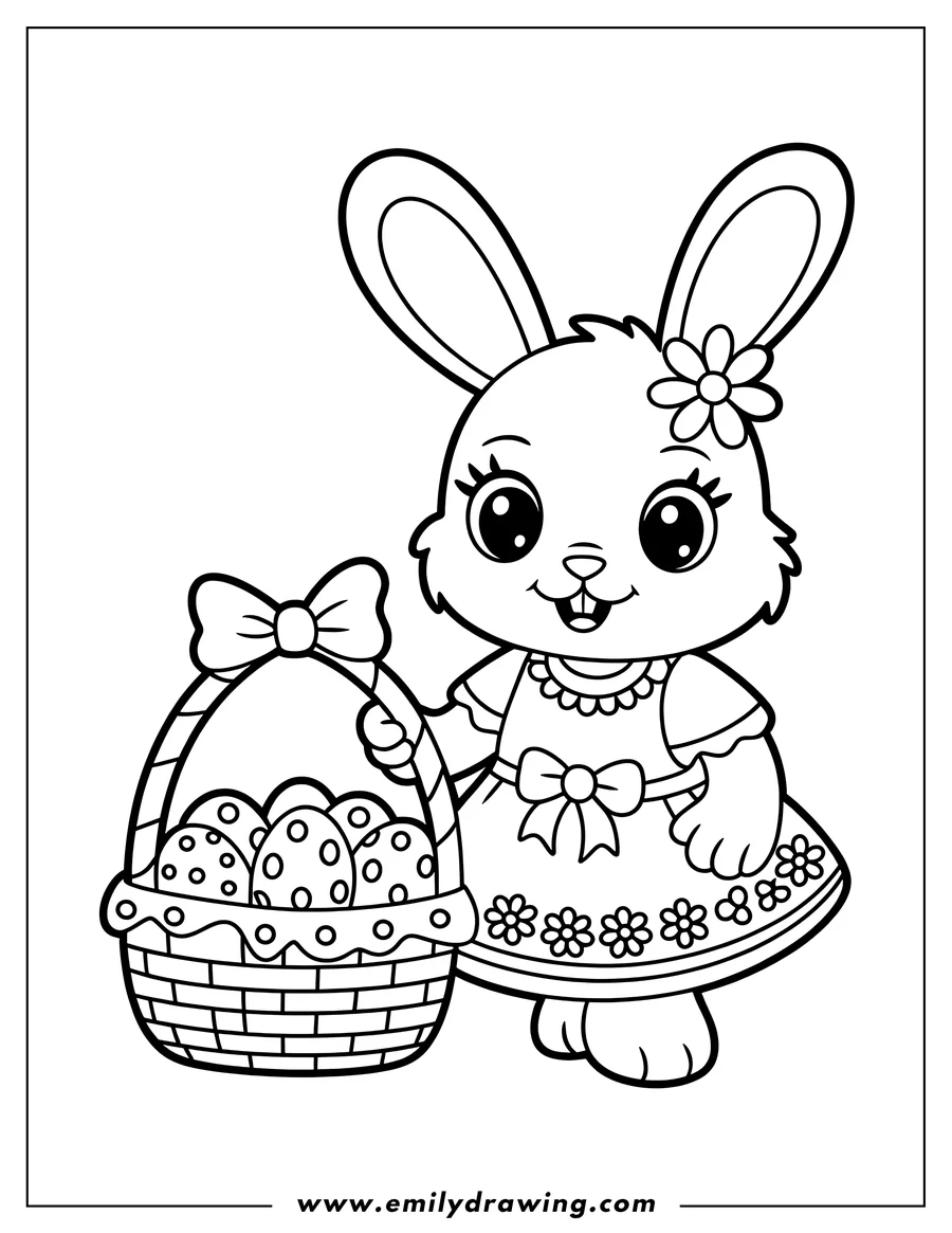 Outline of a bunny in a dress holding a basket full of decorated Easter eggs.