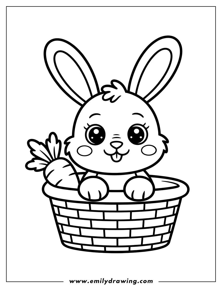 Outline of a bunny sitting in a basket with a carrot.