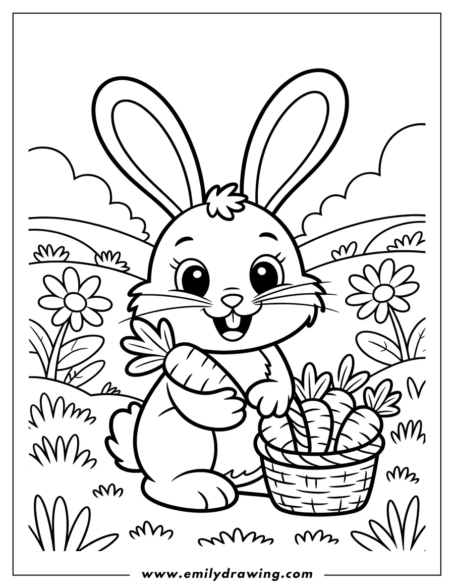 Outline of a cute bunny holding a carrot and a basket full of carrots in a meadow with flowers.