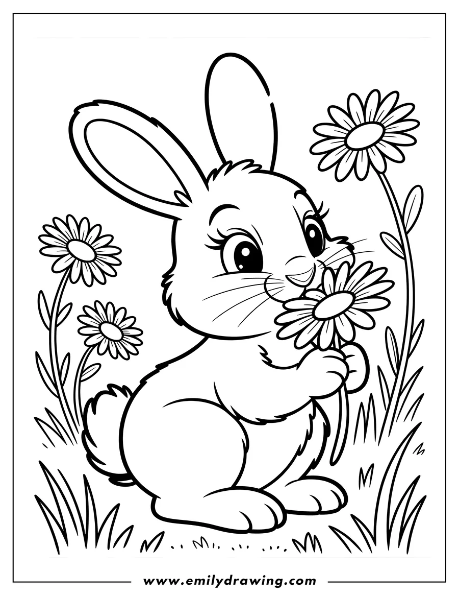 Outline of a bunny holding a daisy flower, with more daisies in the background and grass at its feet.