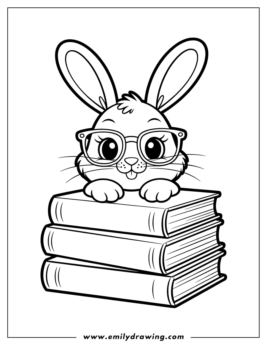 Outline of a bunny wearing glasses and sitting on a stack of books.