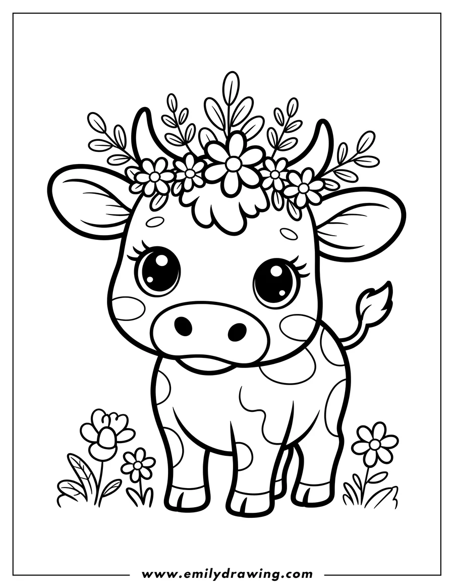 Outline of a young calf standing in a field of flowers. The calf wears a crown of flowers and has large, expressive eyes.