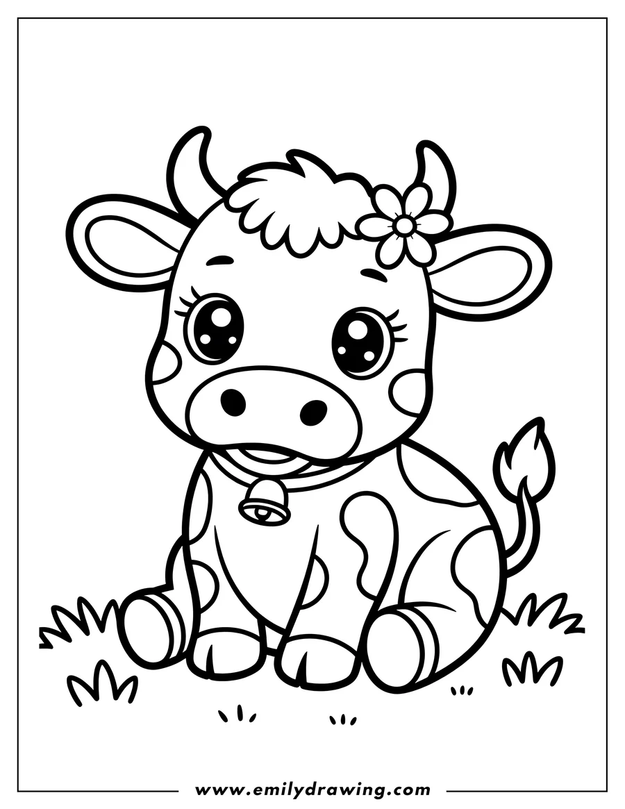 Line art of a calf wearing a bell around its neck and a flower on its head.