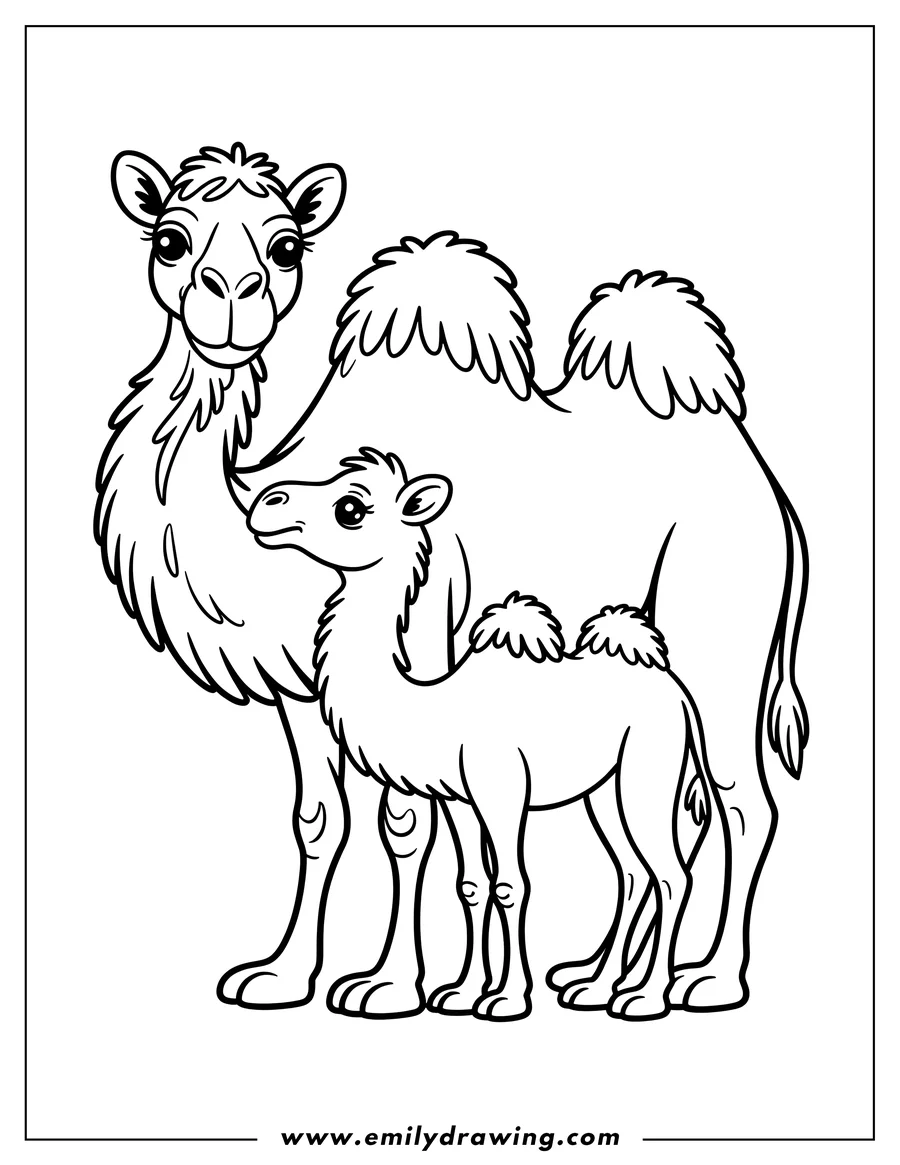 Line art of an adult camel standing next to its baby camel.