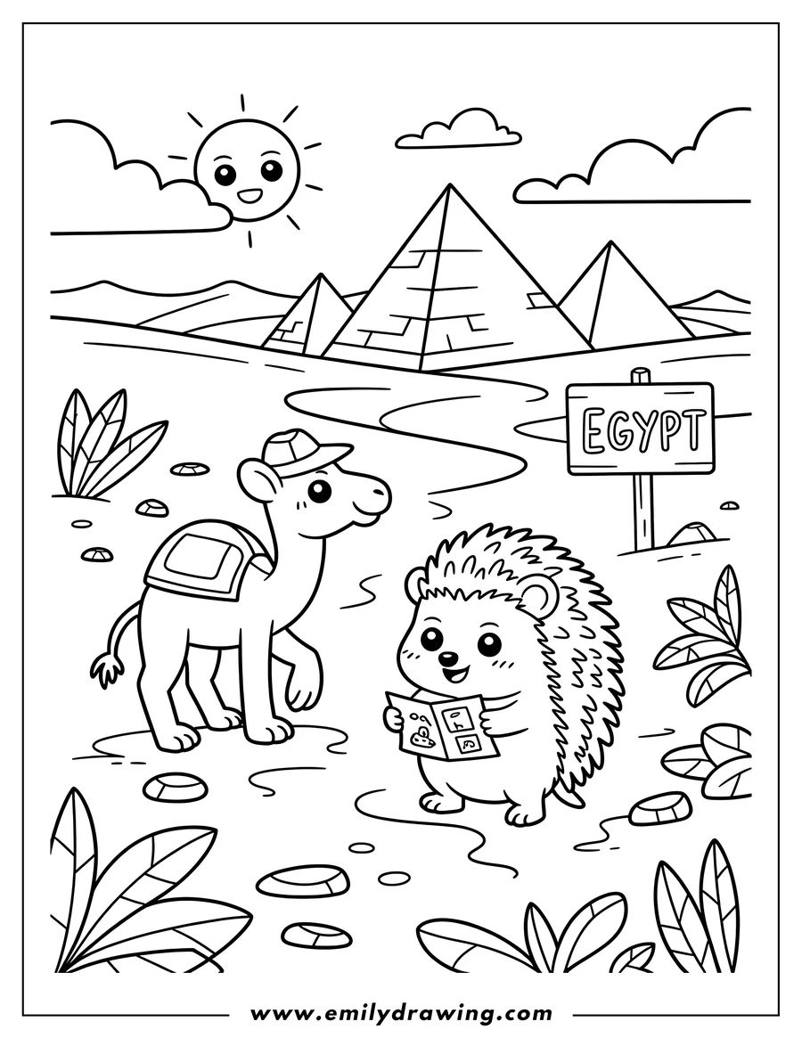 Outline of a camel and hedgehog standing in the desert in Egypt near the pyramids. The hedgehog holds a map, and a signpost says 'Egypt'.