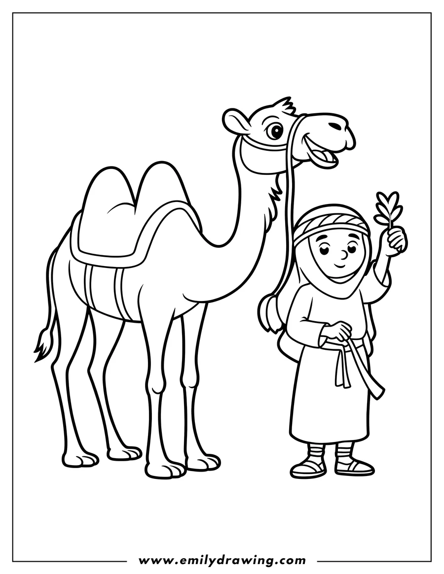 Outline of a camel and person. The camel is wearing a saddle. The person is wearing a robe and sandals, and is holding a leaf.