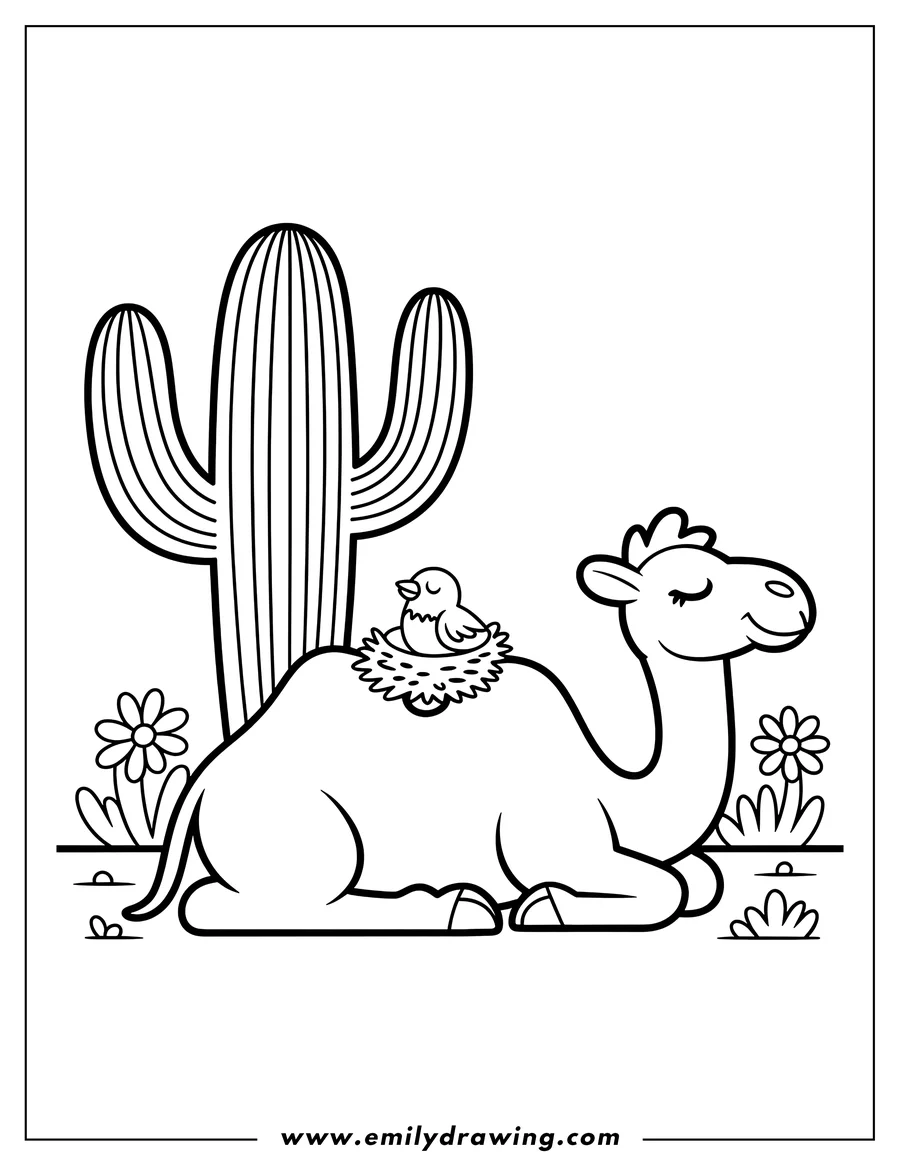 Line art of a camel sitting with a bird and its nest on the camel's hump. A cactus and small flowers are in the background.
