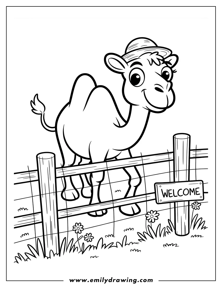 Line art of a camel wearing a hat, standing by a wooden fence with a 'Welcome' sign and small flowers.