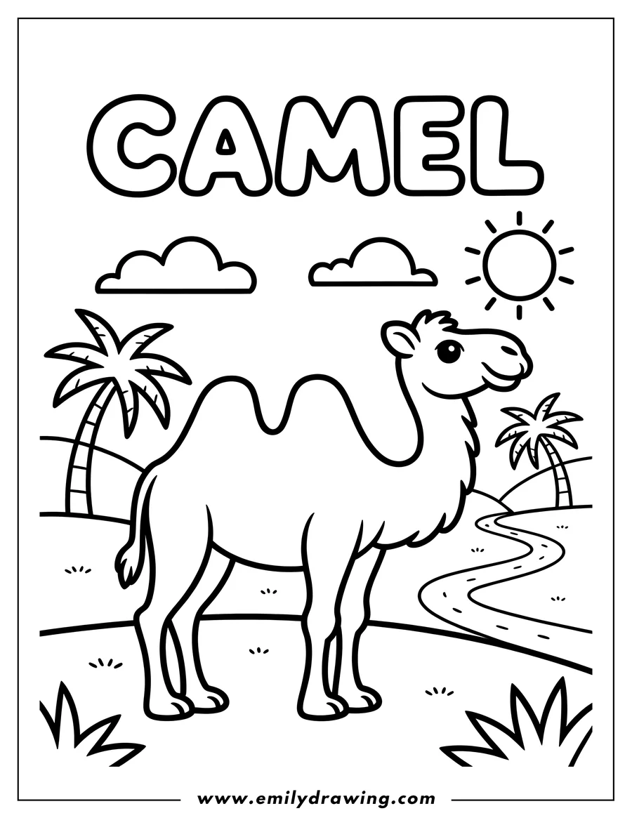 Outline of a friendly camel standing near an oasis in the desert.  Palm trees, a winding river, and a bright sun are visible in the background.