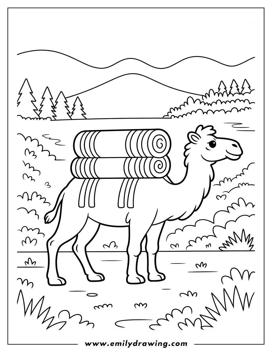 Outline of a camel carrying rolled-up supplies on its back, possibly blankets or bedding. The setting appears to be a grassy area with distant trees and hills.
