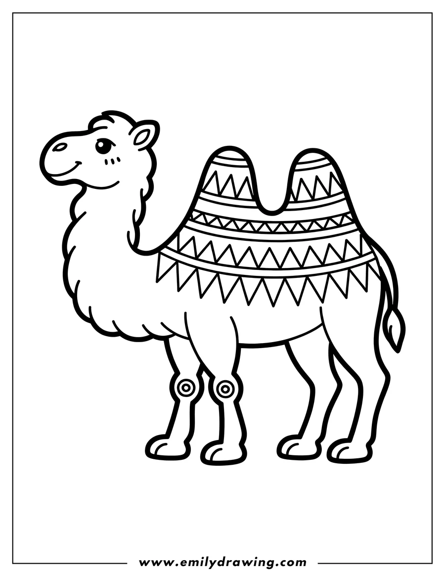 Outline of a camel with patterned blanket on its humps.