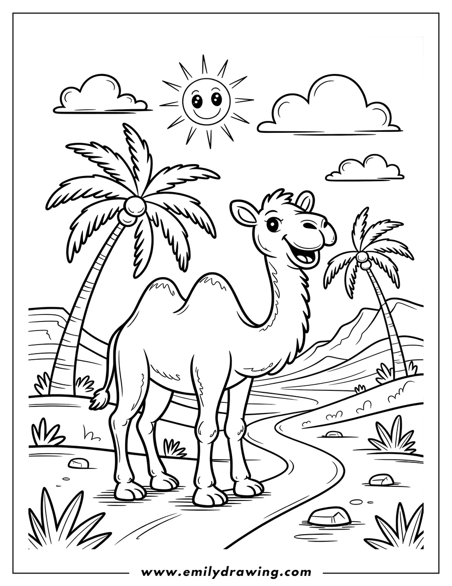 Outline of a cheerful camel standing in a desert landscape with palm trees, a winding river, and a smiling sun.